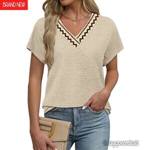 Crinkled Knit V-Neck Top, Loose Fit, OEKO-TEX Certified, Summer Casual